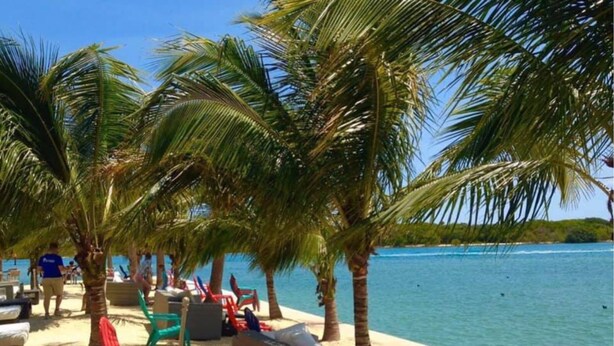 Zona de playa con sillones, un sofá de mimbre y una piscina.