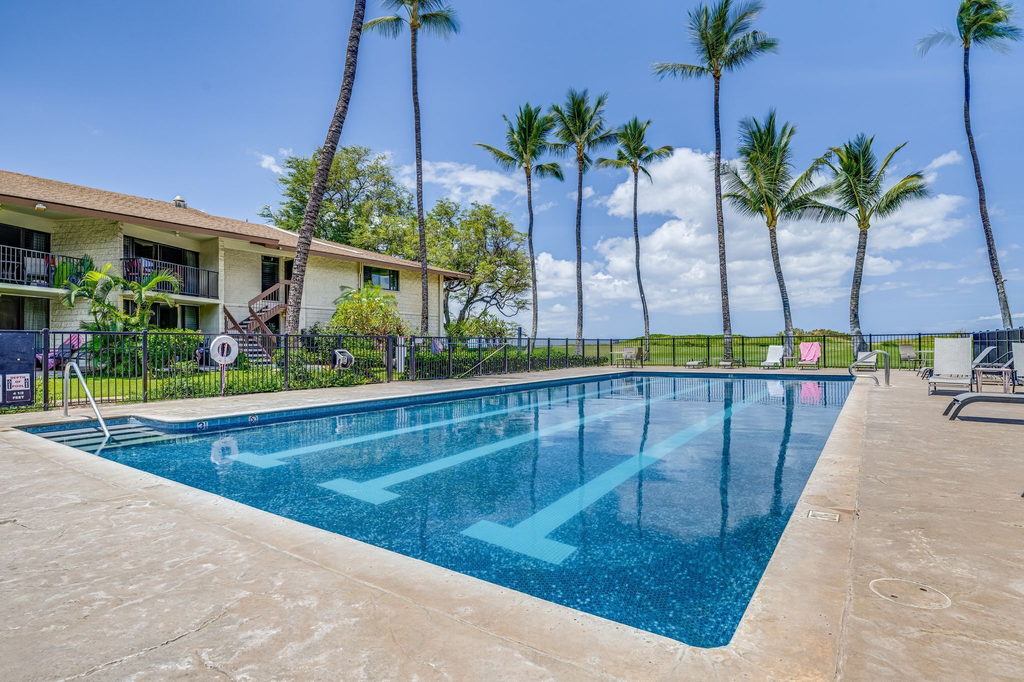A swimming pool with a clear blue water, surrounded by a fence, and palm trees in the background.
