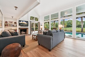 TV, fireplace, books