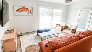 TV connectée, cheminée, livres