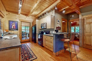 Fridge, microwave, oven, stovetop - Elkhorn Cabin & Eagles Wing Lodge | 2 Adjacent Cabins | Walk to Spa & Trails (Asheville)
