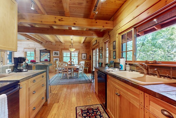Fridge, microwave, oven, stovetop - Elkhorn Cabin & Eagles Wing Lodge | 2 Adjacent Cabins | Walk to Spa & Trails (Asheville)