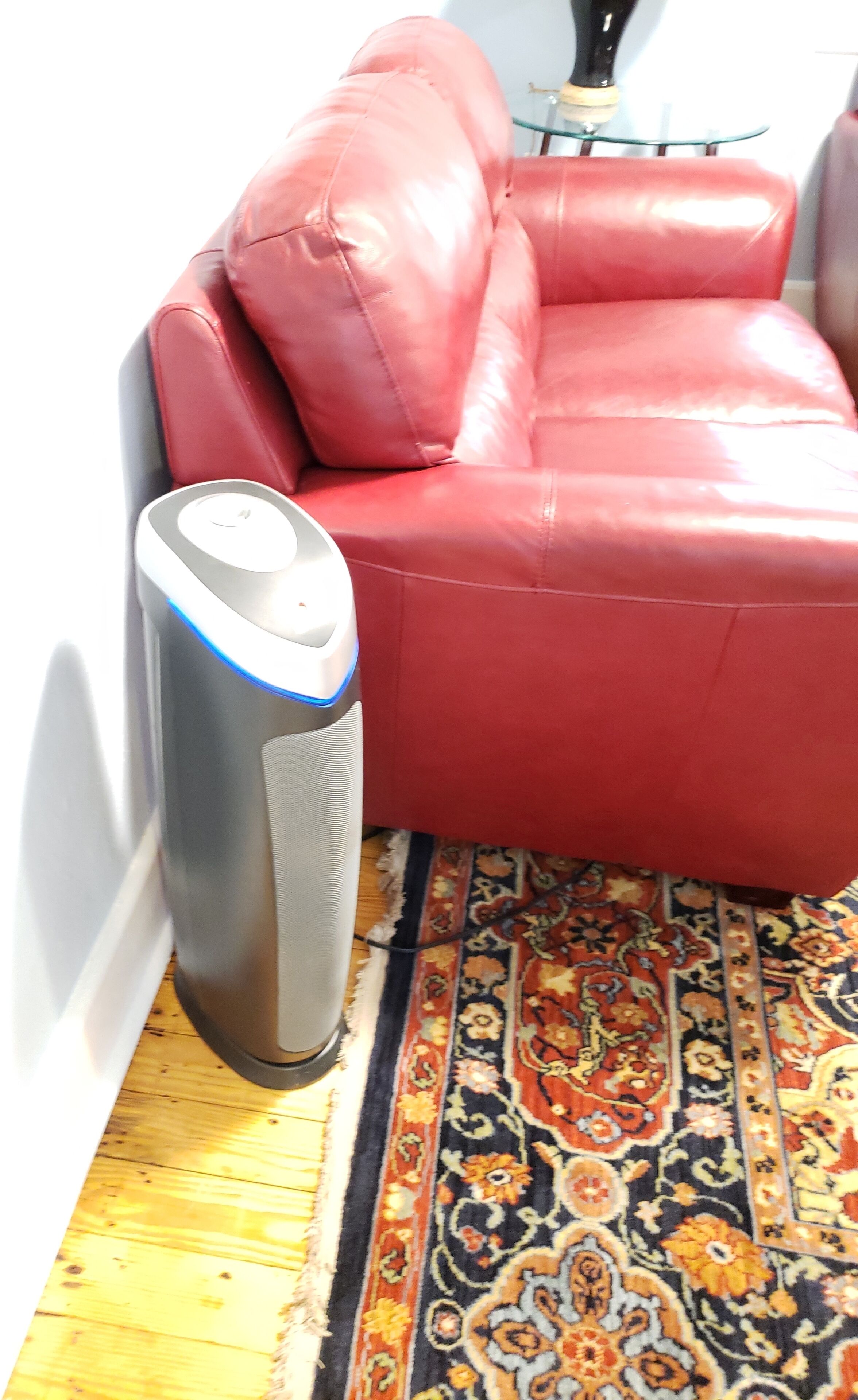 A red leather sofa, a tall standing heater, and a patterned rug.