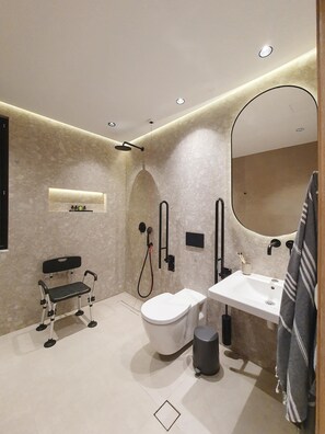 Shower, hair dryer, bathrobes, slippers