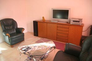 Fernseher, DVD-Player, Bücher, Musikbibliothek