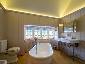 Combined shower/tub, hair dryer, bidet, towels