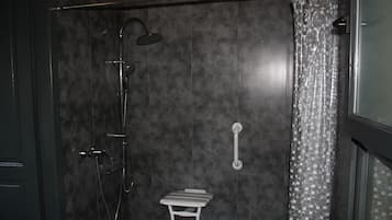 Shower, towels, soap, toilet paper