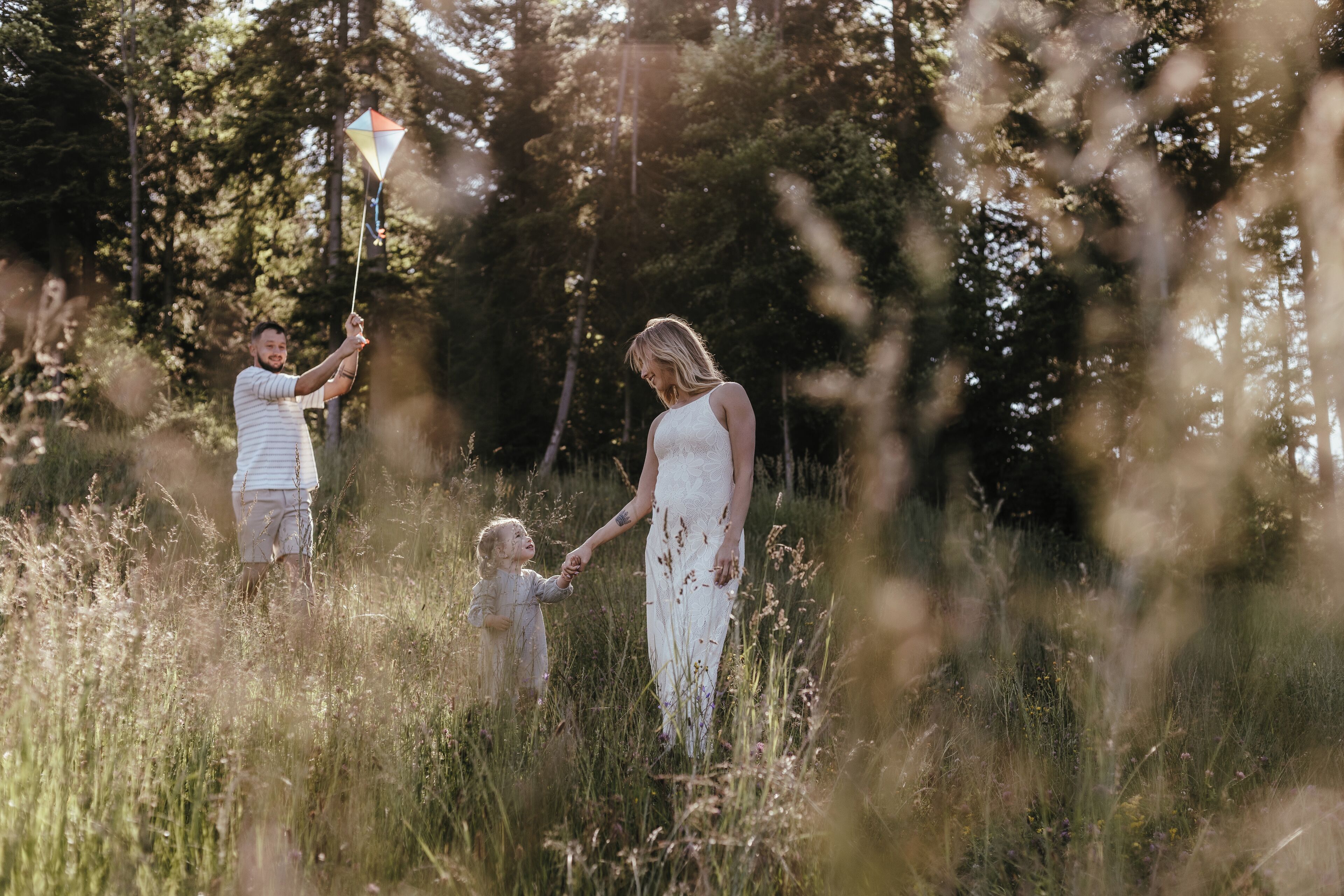 A family in a grassy field with a kite.