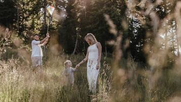 A family in a grassy field with a kite.