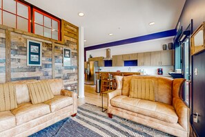 TV, fireplace, books