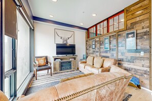 TV, fireplace, books