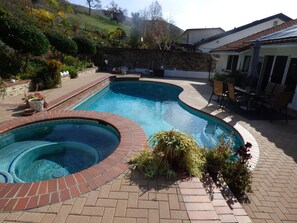 A swimming pool with a brick edge, surrounded by a patio with potted plants and outdoor furniture.