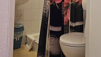 A bathroom with a shower curtain featuring a floral pattern, a white toilet, and a sink with a light fixture above it.