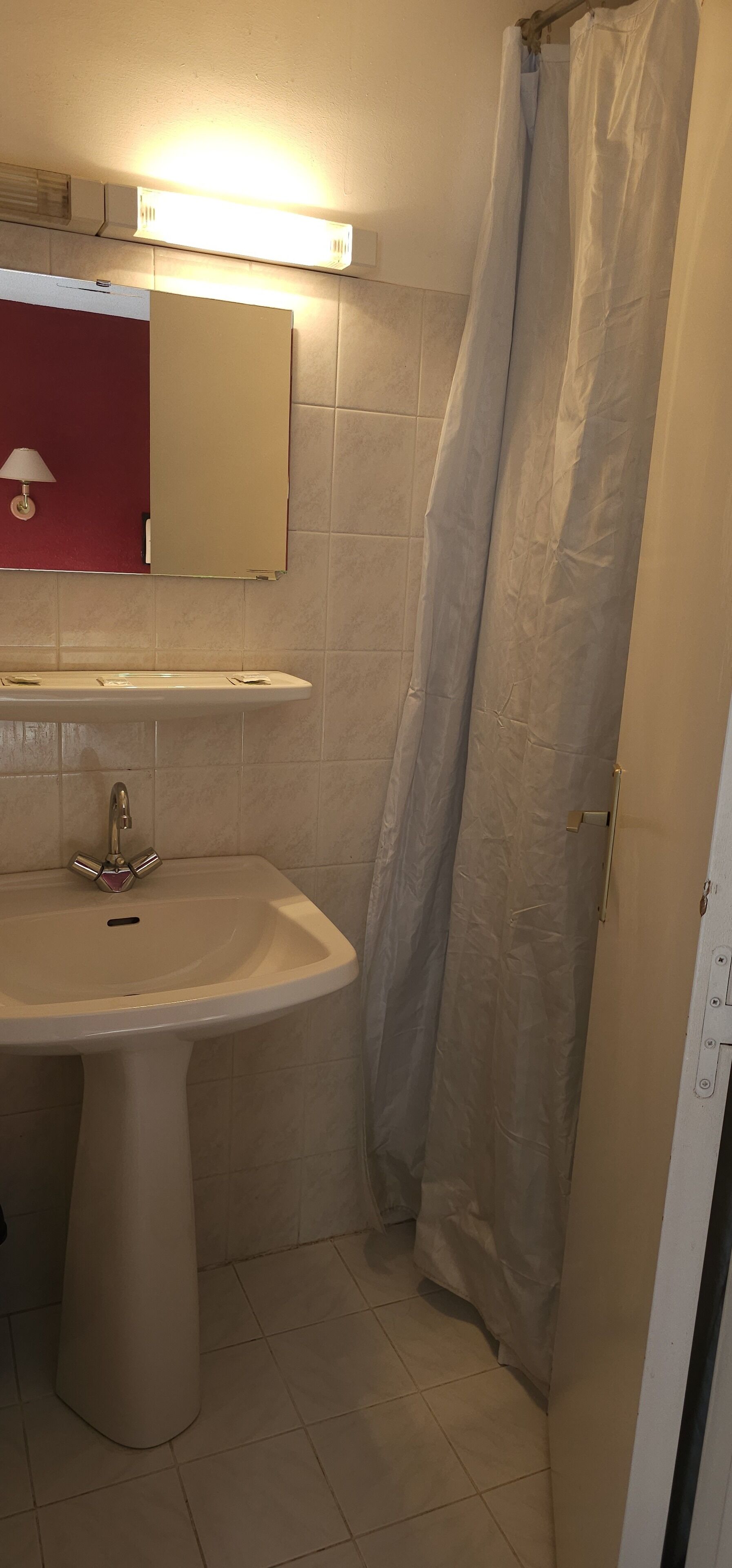 A bathroom with a pedestal sink, a mirror, a light fixture above the mirror, and a shower curtain.