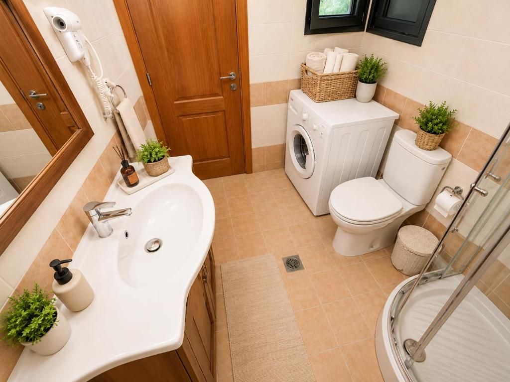 A compact bathroom with a sink, mirror, hairdryer, washing machine, toilet, and shower.