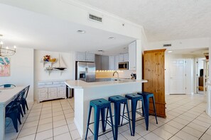 Fridge, microwave, oven, stovetop - Sea Palms condo with fireplaces, private W/D, and ocean view - 350 feet to beach (Ocean City)