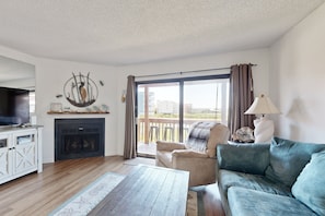 Televisión, chimenea y libros 