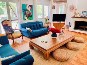 Smart TV, fireplace, DVD player, books