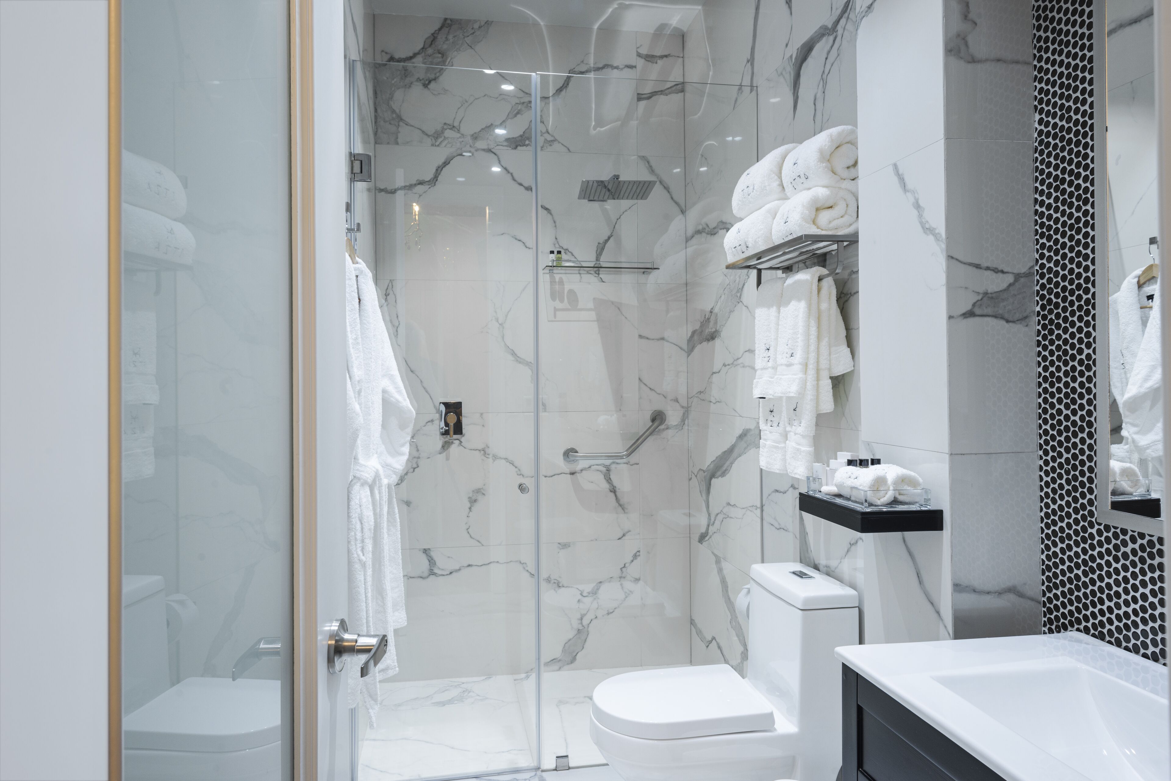 shower, rainfall showerhead, hair dryer, bathrobes