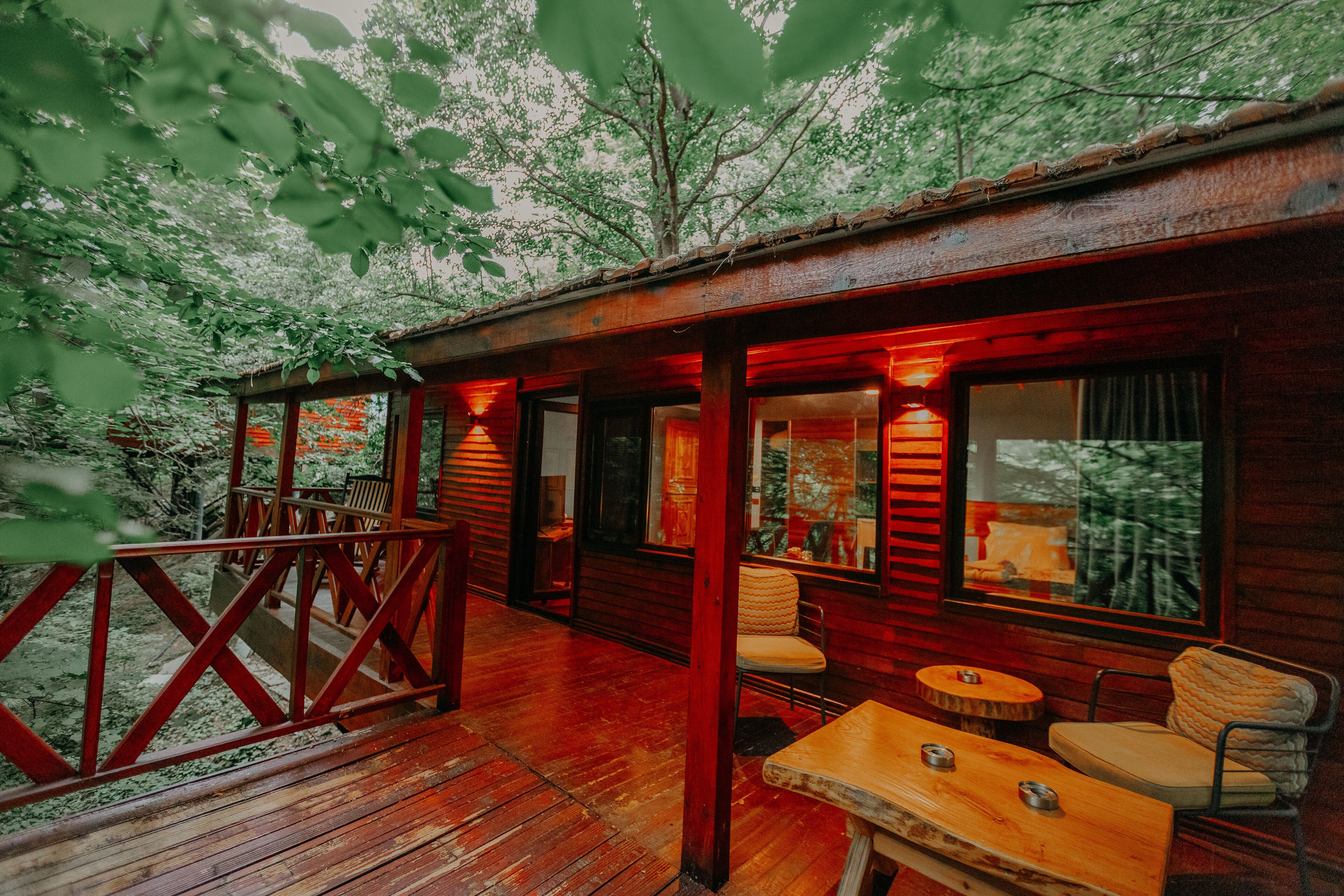 Eine Holzhütte mit Terrasse, ausgestattet mit Stühlen und Tischen, umgeben von Bäumen.