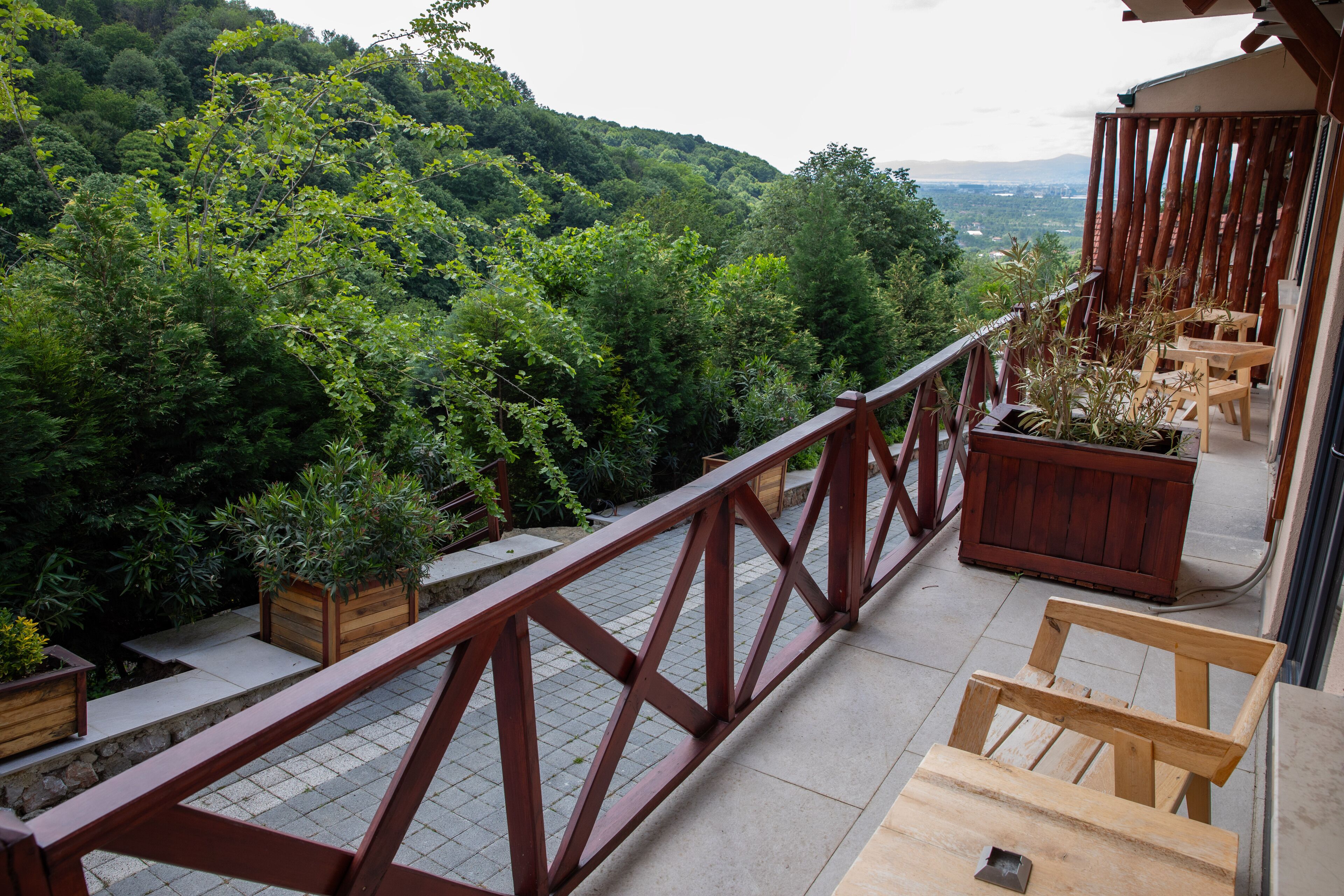 A balcony with a wooden railing, potted plants, and a view of a lush green hillside.