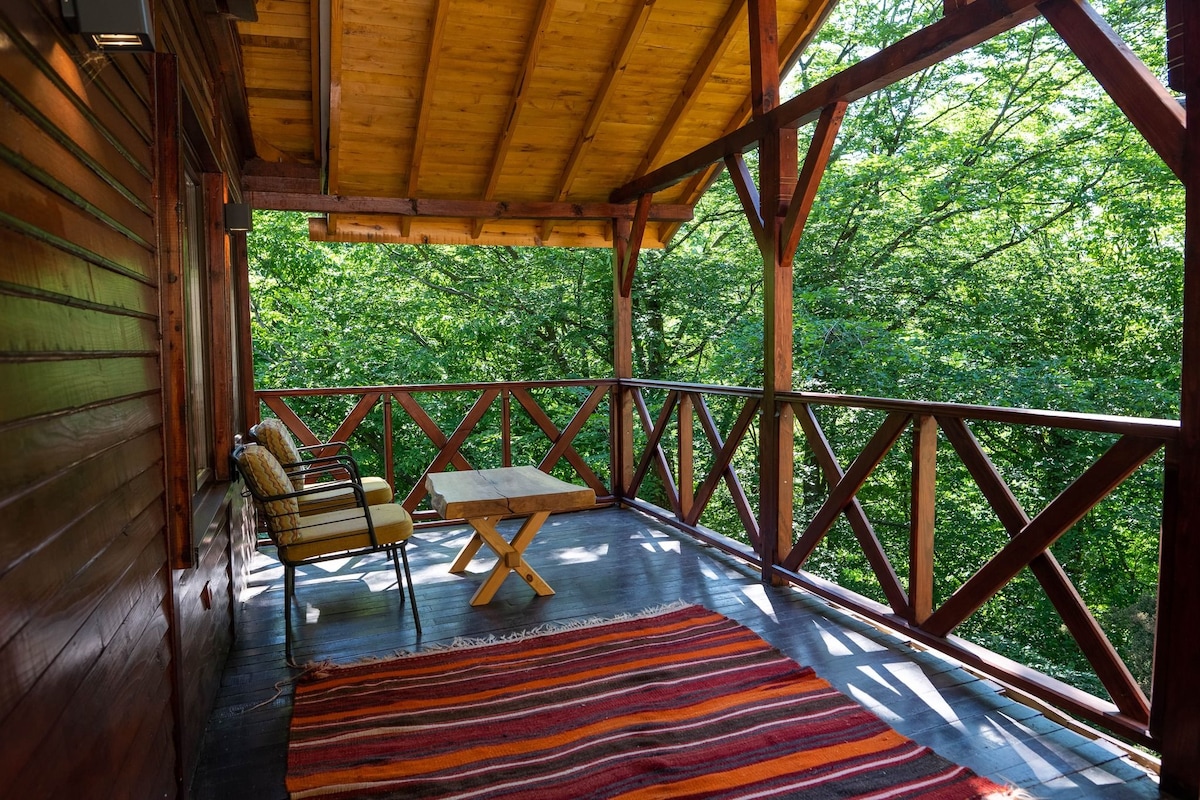 Eine Holzdielen-Terrasse mit Bank und Tisch, umgeben von einem Geländer, mit Blick auf einen Wald.