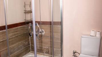 A bathroom with a glass-enclosed shower, a toilet, and a small trash bin.