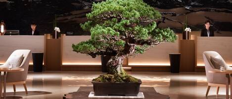 A reception area with a bonsai tree centerpiece, two receptionists, and a modern interior design.