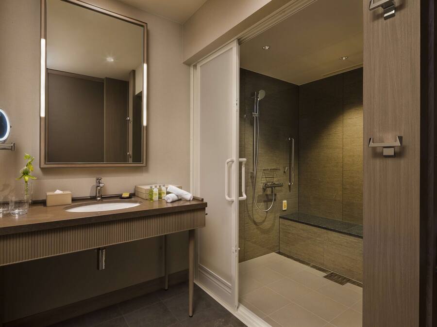 A modern bathroom with a large mirror, a sink, and a walk-in shower.