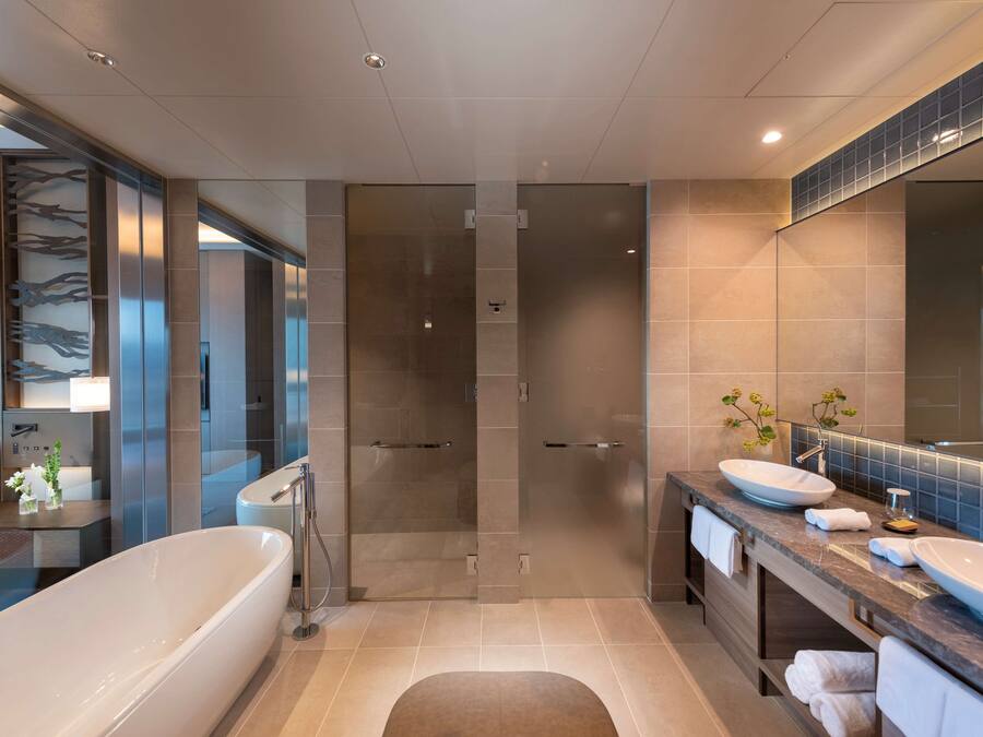 Une salle de bain moderne dotée d’une grande baignoire, d’une douche à l’italienne et d’un meuble-lavabo avec un grand miroir.