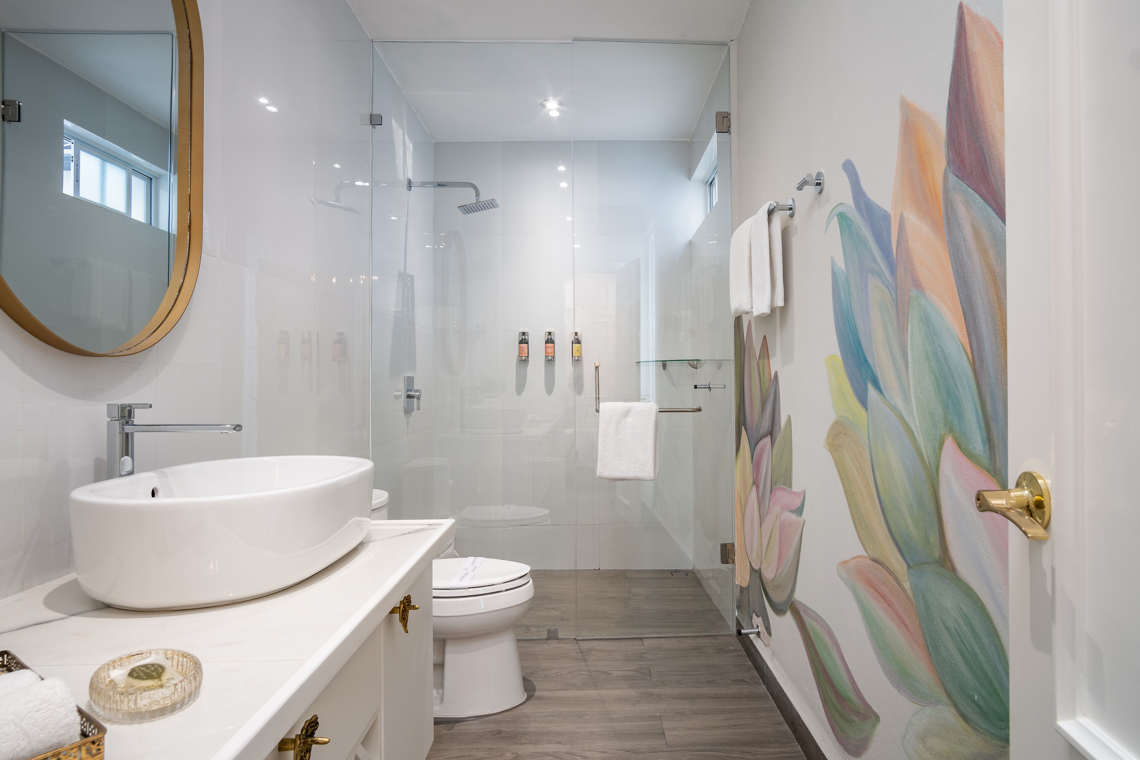 shower, slippers, towels