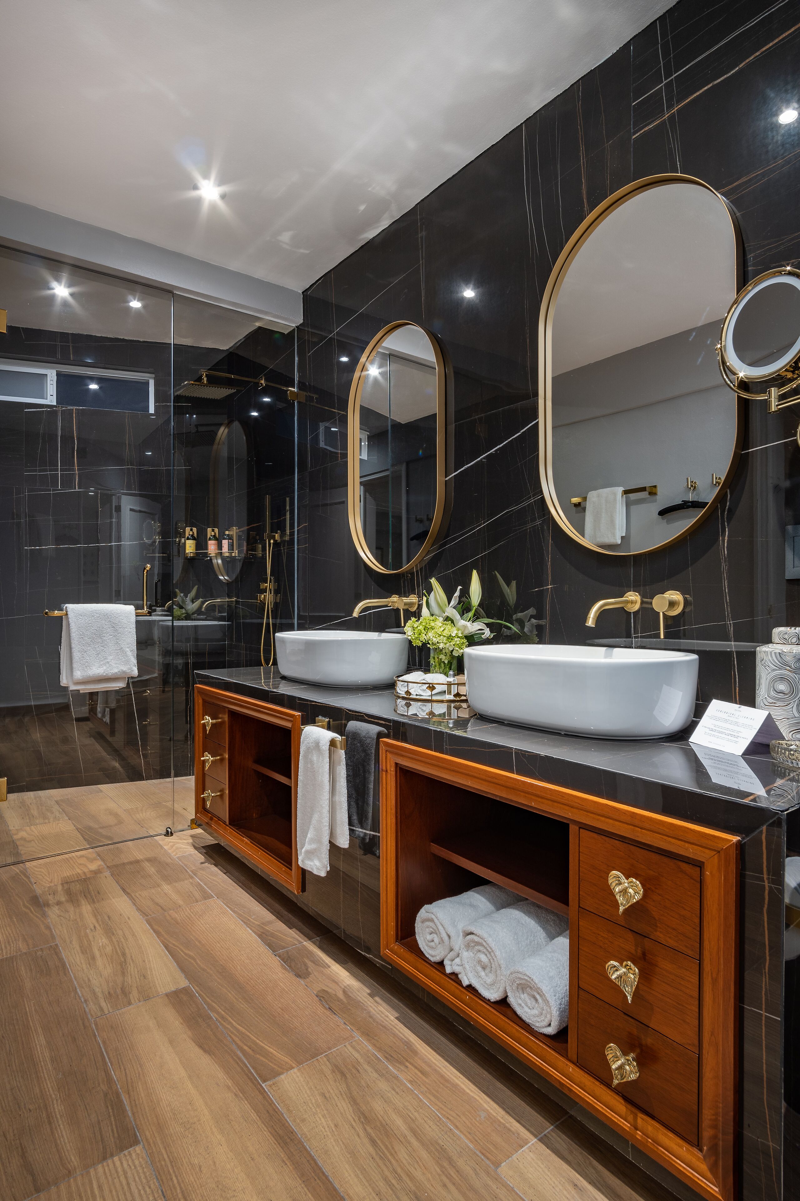 honeymoon room | bathroom | shower, slippers, towels