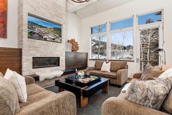 Cozy living room with a fireplace, large windows, and a flat-screen TV.