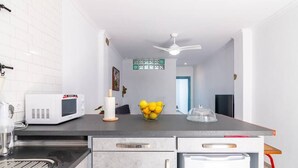 A modern kitchen with a microwave, a sink, and a refrigerator. There is a bowl of lemons on the counter and a candle. - Apartment El Cotarro B  (Vejer de la Frontera)