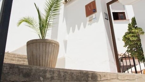 A white building with a small entrance, a potted plant, and a street lamp. - Apartamento El Cotarro B (Vejer de la Frontera)