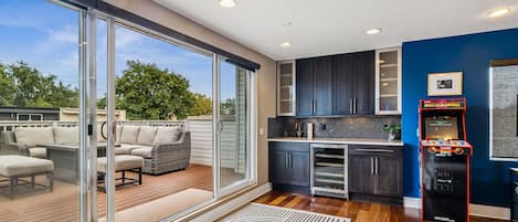 Smart TV, fireplace, video games, music library