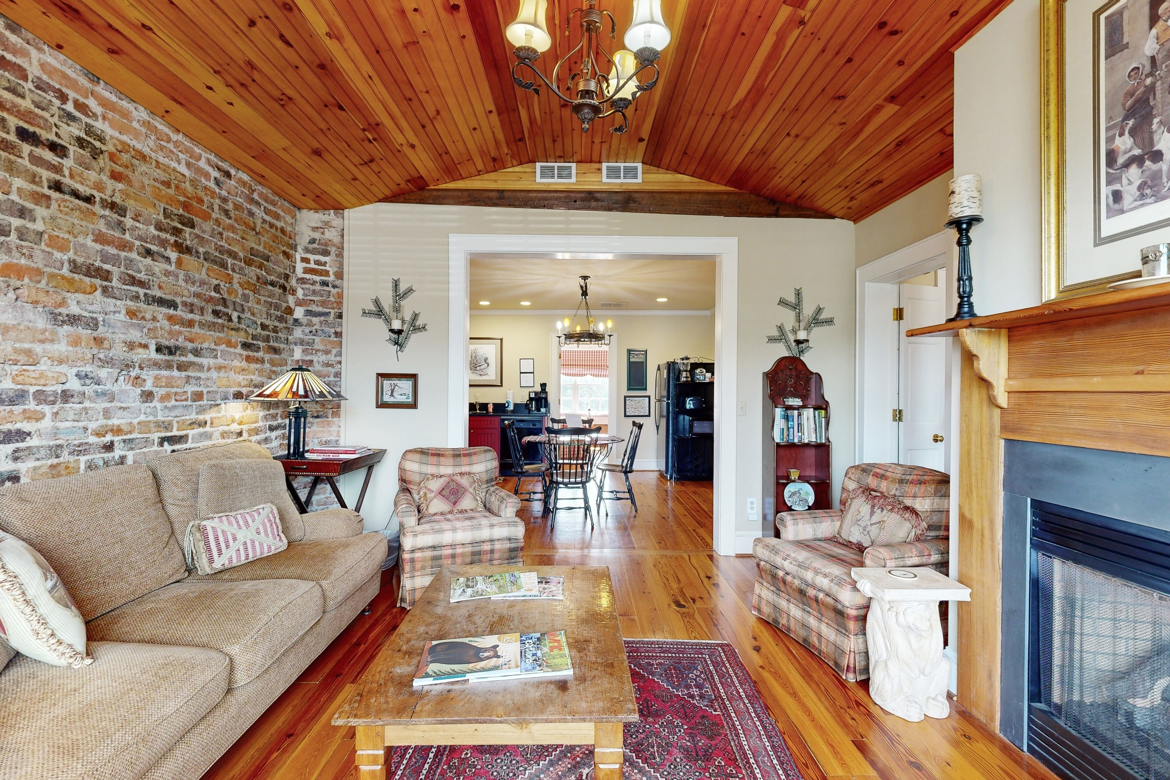 TV, fireplace, books