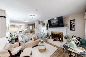 TV, fireplace, books, stereo