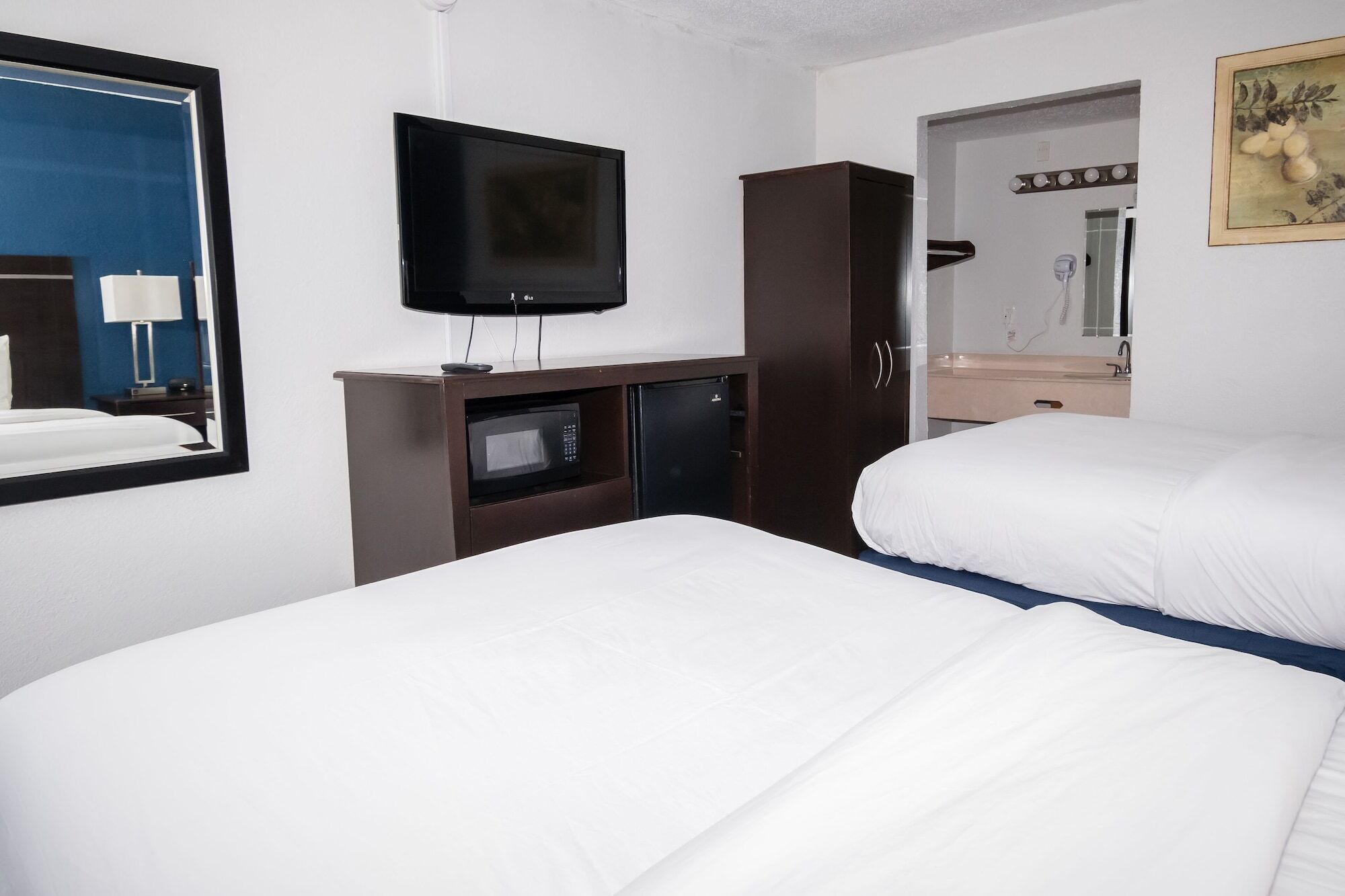 Camera d'albergo con due letti, televisione, forno a microonde e armadio.