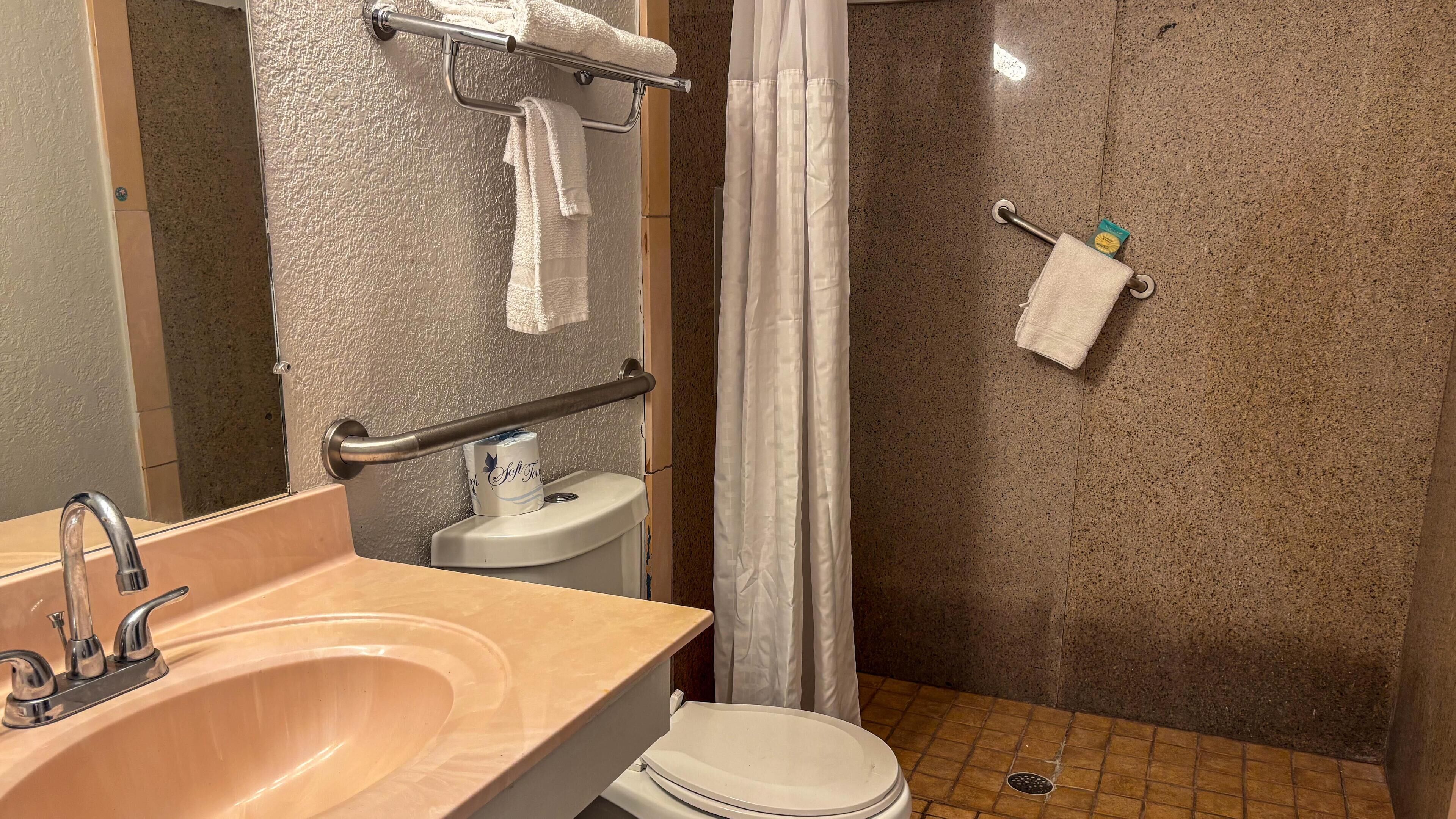 A bathroom with a sink, toilet, and shower area.