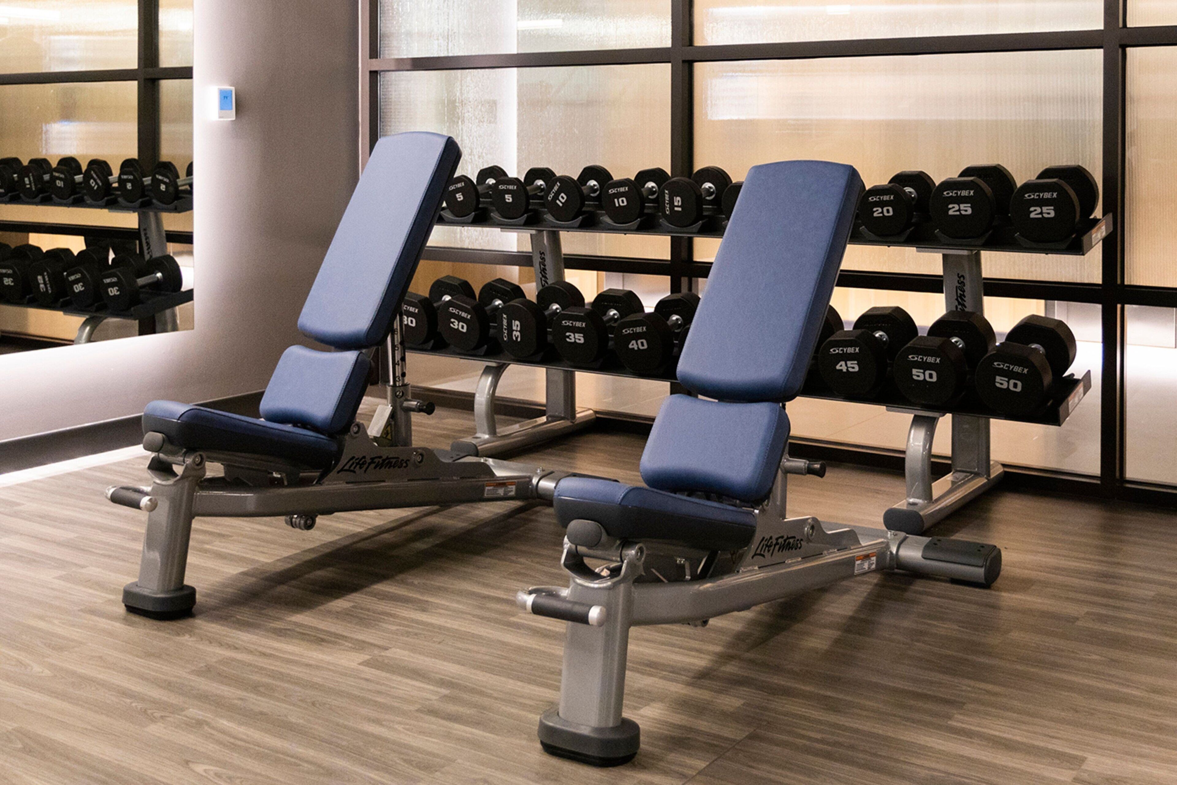 Une salle de sport équipée de matériel de musculation et d’haltères.