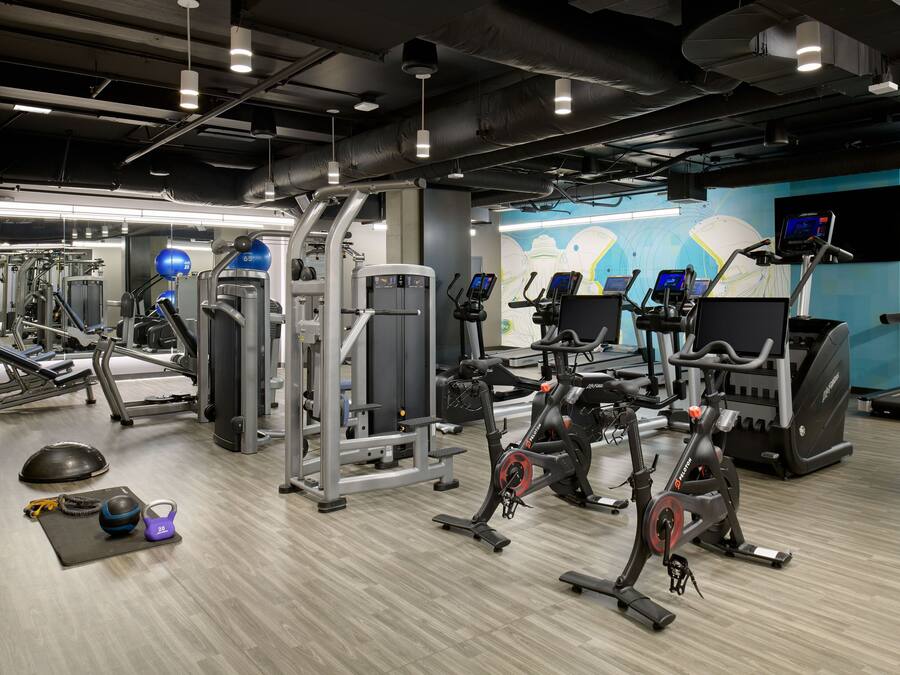 Un gimnasio con diversos equipos de ejercicio, incluyendo cintas de correr, elípticas y máquinas de pesas.