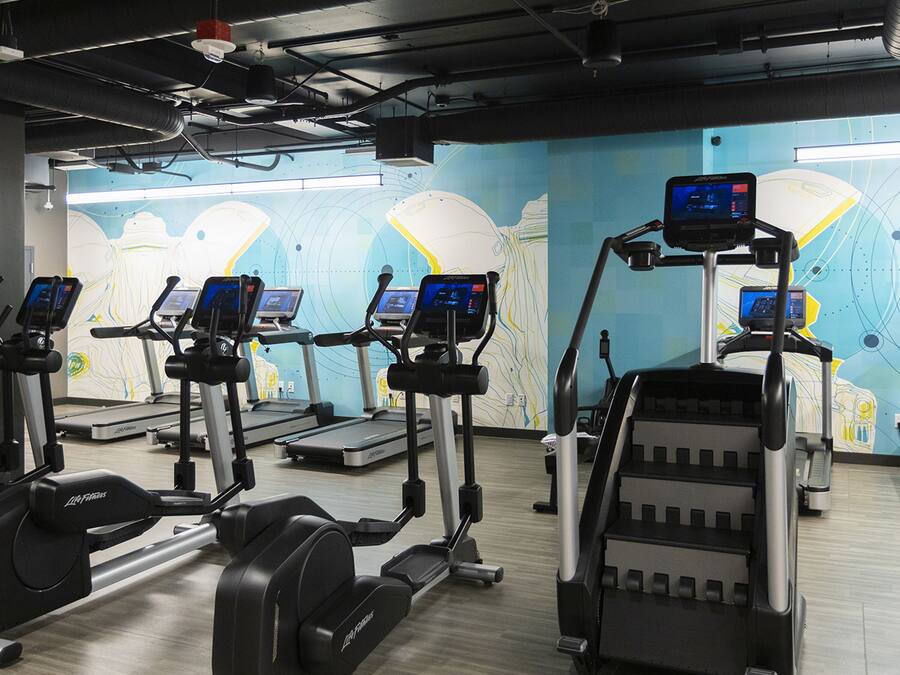 Un gimnasio con cintas de correr, elípticas y una máquina de remo.