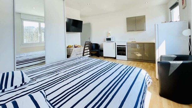 A modern bedroom with a large bed, a desk, a TV, and a kitchenette.