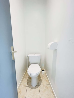 A small, narrow bathroom with a white toilet, a toilet brush, and a wall-mounted bidet.