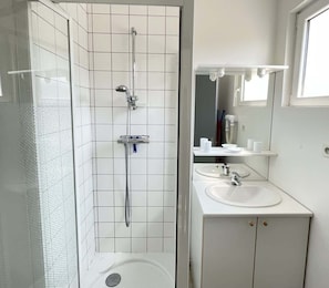 A bathroom with a shower, sink, and mirror.