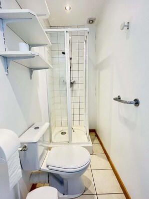 A bathroom with a toilet, a shower enclosure, and a sink.