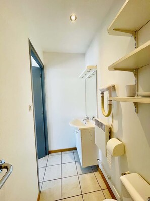 A bathroom with a sink, toilet, and shelves.