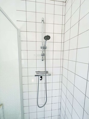 A shower with a handheld showerhead, a wall-mounted control, and a handheld hose.