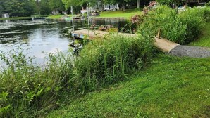 Eine friedliche Seelage mit Steg, üppigem Grün und einem Haus im Hintergrund.